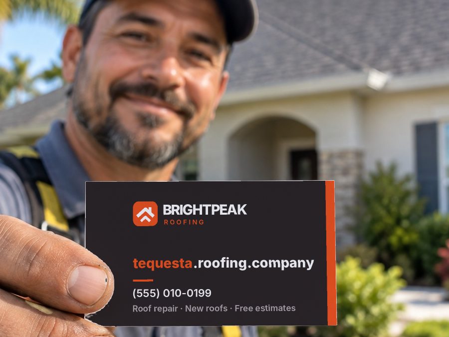 tequesta.roofing.company on a roofer's business card