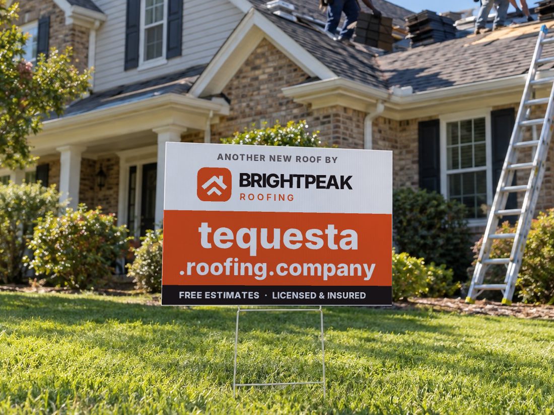 tequesta.roofing.company on a yard sign in front of a house getting a new roof