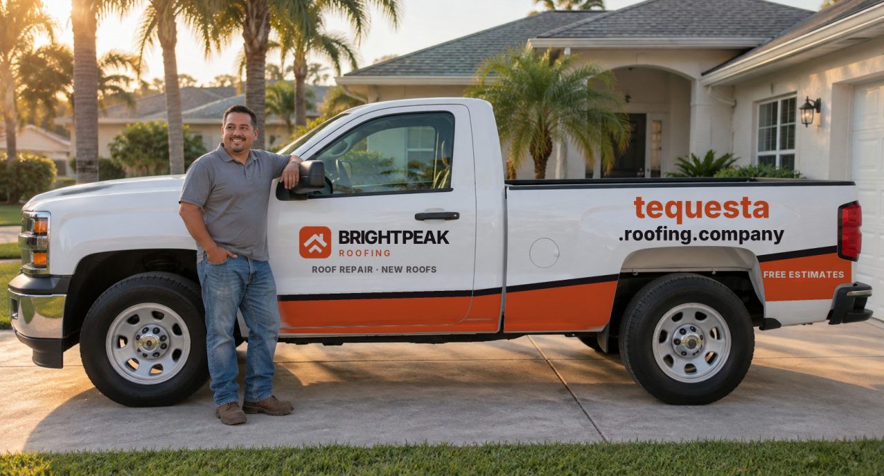 tequesta.roofing.company painted on the side of a white work truck